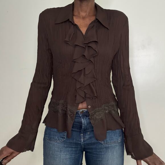 VINTAGE | Y2K Brown Ruffle & Lace Long Sleeve Plisse Blouse Size x-large - Picture 1 of 9